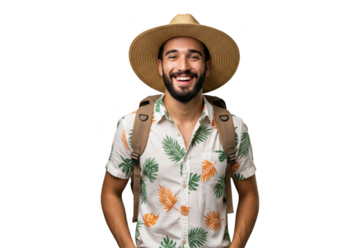 Happy man with a hat and backpack isolated on transparent background is ready for summer travel