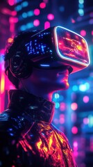Person wearing vr headset in a neon lit city
