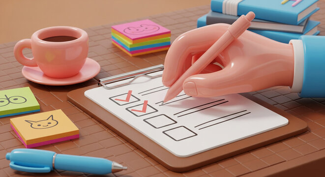 Illustration of stylized hand with pen checks off items on todo list on clipboard, surrounded by colorful sticky notes and coffee cup