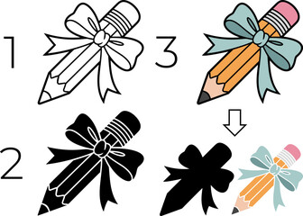 Set of layered pencil with bow illustrations — outline, solid, and colorful vector styles