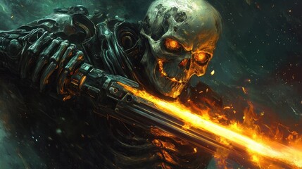 Fiery skull cyborg with flaming weapon