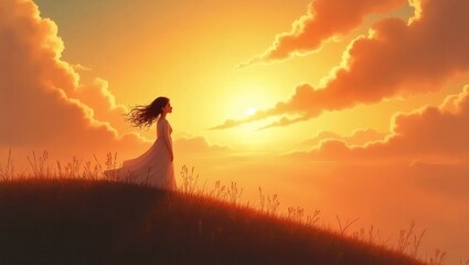 Emotional Surreal Illustration of a Person Standing Alone on a Hill at Sunset – Gazing into the Distance with a Sense of Longing, Soft Warm Tones, Dreamy Atmosphere, High-Resolution Artistic Style