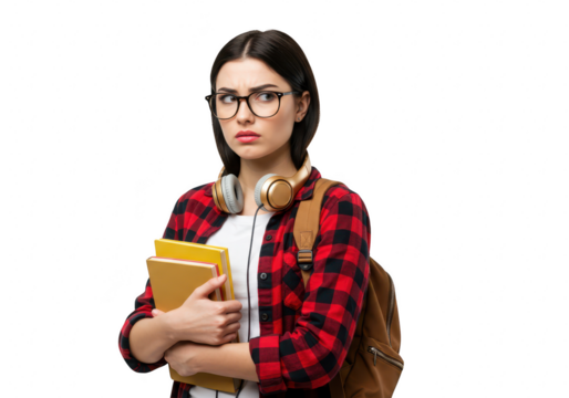 A concerned female student holds books and looks away, isolated on transparent background