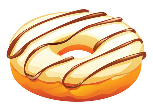 Vanilla flavored donut with white glaze and elegant chocolate drizzle on a white background. Vector cartoon illustration
