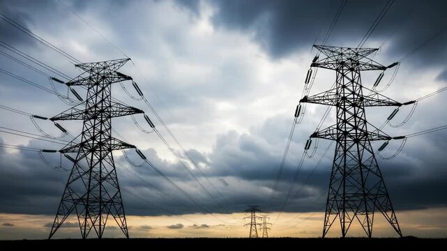 Dramatic Sky Over Power Lines with Dark Clouds and Twilight Glow