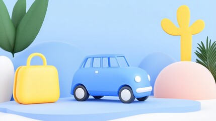 Minimalistic blue car on abstract pastel landscape with yellow elements