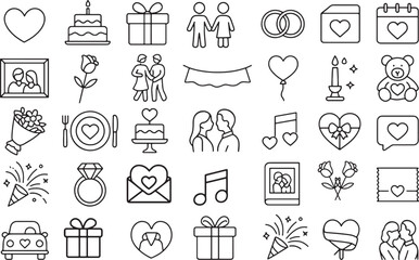Collection of Wedding, Love, and Valentine's Day Outline Icons