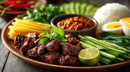 A vibrant platter showcasing Asian culinary art with diverse flavors and textures