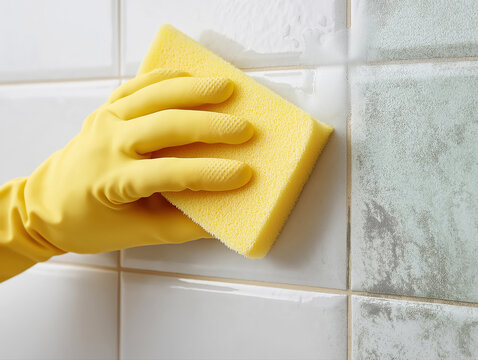 Housekeeper cleaning dirty bathroom tiles with detergent and sponge