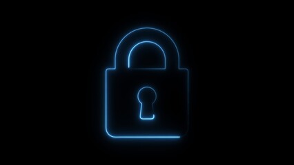 Blue Neon Padlock Icon on Black Background Security Concept