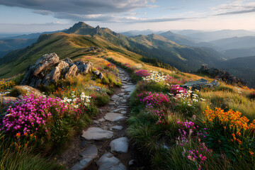 Fototapeta premium Stone Path Through Wildflower Mountain Trail