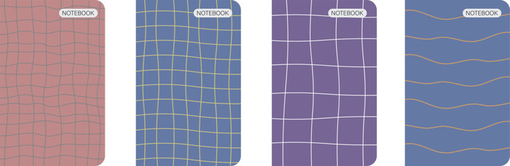 Set of aesthetic wavy grid notebook covers in soft pastel colors with modern design. Ideal for stationery, school supplies, planners, and branding mockups. Stylish, minimalist, and trendy templates.