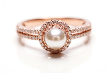 Close-up view of a rose gold ring with a pearl and diamonds.