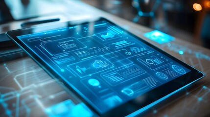 Tech Insight: A close-up shot of a digital tablet displaying an intricate interface, highlighting the power of technology in a modern environment.