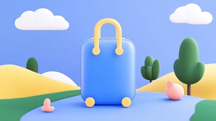 Cute 3d luggage on pastel hills with blue sky and whimsical trees