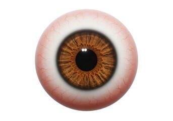 Close up detailed view of a human brown iris with visible blood vessels isolated on white background