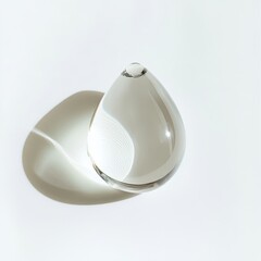 Clear teardrop shaped glass object casting shadow on white background