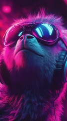 Funky monkey with neon sunglasses and headphones