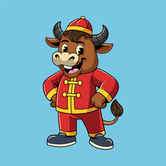 Cheerful cartoon Ox in red Chinese outfit, smiling proudly for the Lunar New Year celebration