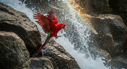 red parrot bird | A vibrant red parrot takes flight from a rocky ledge near a cascading waterfall, surrounded by lush greenery, capturing the essence of wildlife in its natural habitat
