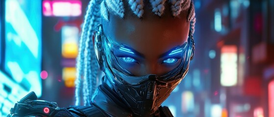 Futuristic woman with cybernetic features in a city at night