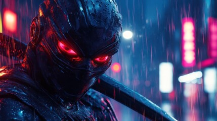 Futuristic ninja in rainy city