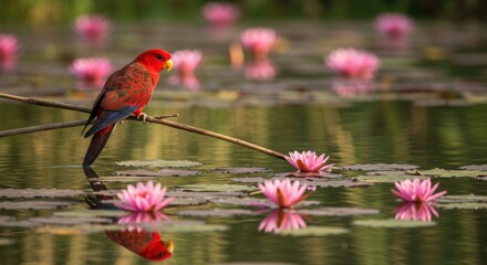 red parrot bird | A vibrant red parrot perched on a branch above a serene pond filled with blooming pink water lilies, reflecting the beauty of nature in a tranquil setting