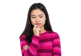 A thoughtful woman isolated on transparent background is pondering with her hand on her chin