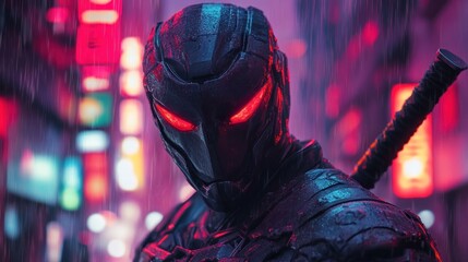 Cyberpunk warrior in neon rain
