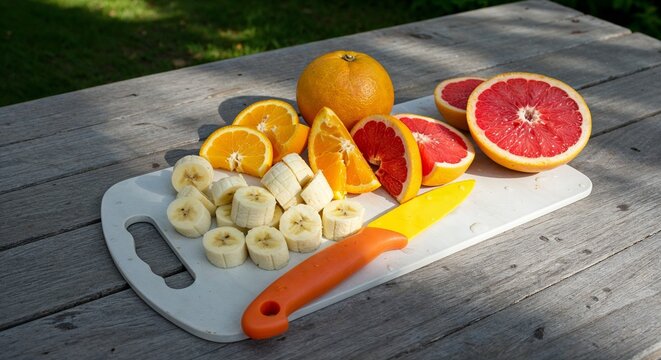 Freshly sliced bananas, oranges, and grapefruit arranged on a white cutting board with a vibrant orange-handled knife on a rustic wooden table in a sunlit garden setting - Powered by Adobe