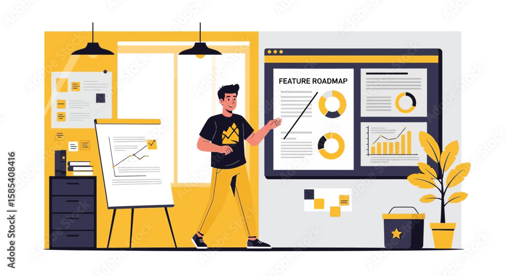 Poster man giving presentation on feature roadmap strategy in modern workplace