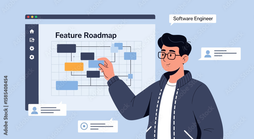 Poster software engineer planning feature roadmap for software product development process