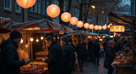 Naklejka premium Evening market scene with warm glowing lanterns illuminating vendors and customers amidst bustling stalls on a cobblestone street under a twilight sky