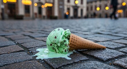 A fallen mint chocolate chip ice cream cone melting on cobblestone street in urban setting with blurred background of historic buildings and warm glowing streetlights