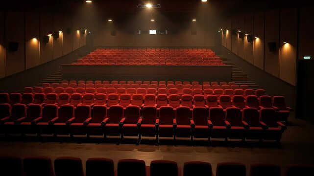 Empty cinema hall with red seats arranged in neat rows, dim lighting creating a serene atmosphere, perfect for showcasing films or events