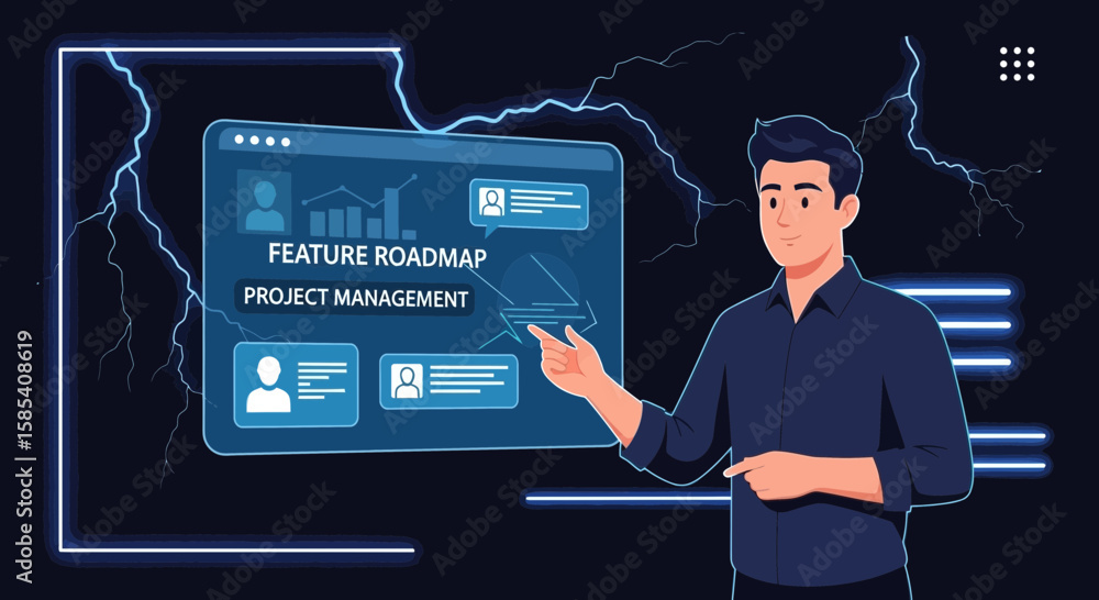Poster animated presenter explaining feature roadmap for modern project management