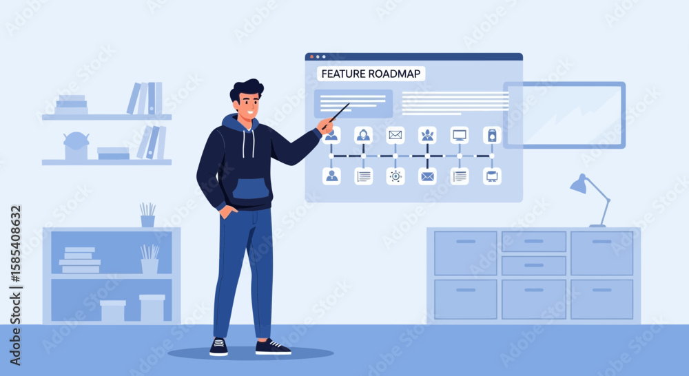 Poster man presenting feature roadmap for software development and project management