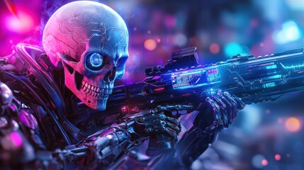 Cyberpunk skull with futuristic weapon