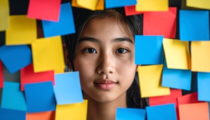 A clustered arrangement of red, yellow, and blue sticky notes positioned tightly together, creating a mosaic of bright squares that evoke organization, spontaneity, and creativity.