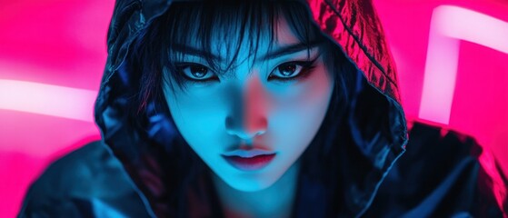 Close up neon portrait of a young woman