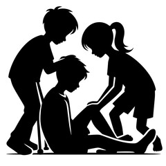 Children Helping Injured Friend Sit with Crutch, Symbolizing Compassion and Support