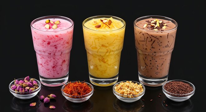 Three glasses of refreshing falooda drinks in rose, mango, and chocolate flavors