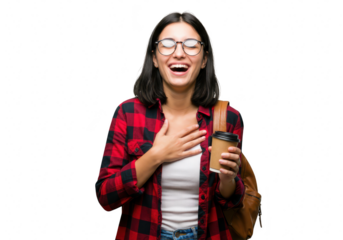 A young woman isolated on transparent background is laughing with a coffee in her hand and a backpack over her shoulder