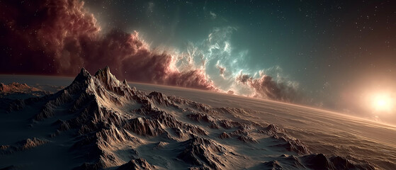 Celestial Peaks: A breathtaking panoramic view of a majestic mountain range piercing the horizon, bathed in the ethereal glow of a distant sun against a dynamic canvas of clouds.
