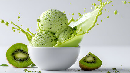 Vibrant kiwi ice cream scoops with dynamic green liquid splash, showcasing a refreshing summer dessert.