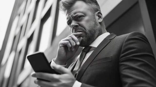 Businessman dressed in formal attire looking at his phone, seemingly deeply engrossed in a message or content on the screen.