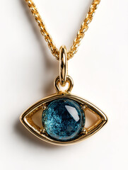 Golden necklace with blue evil eye pendant hanging on white background