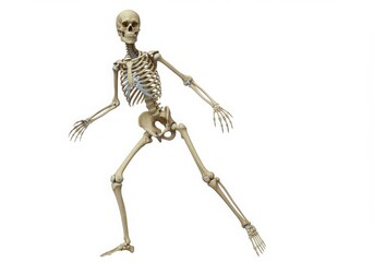 Full human skeleton posed in a dynamic stance isolated on white background