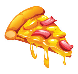 Tasty slice of Hawaiian pizza with melting cheese, ham, and pineapple on a white background. Vector cartoon illustration