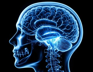 Cerebral depiction showcases human anatomy, offering insights into mind, intellect, and neurological networks, rendered in a stunning translucent blue.